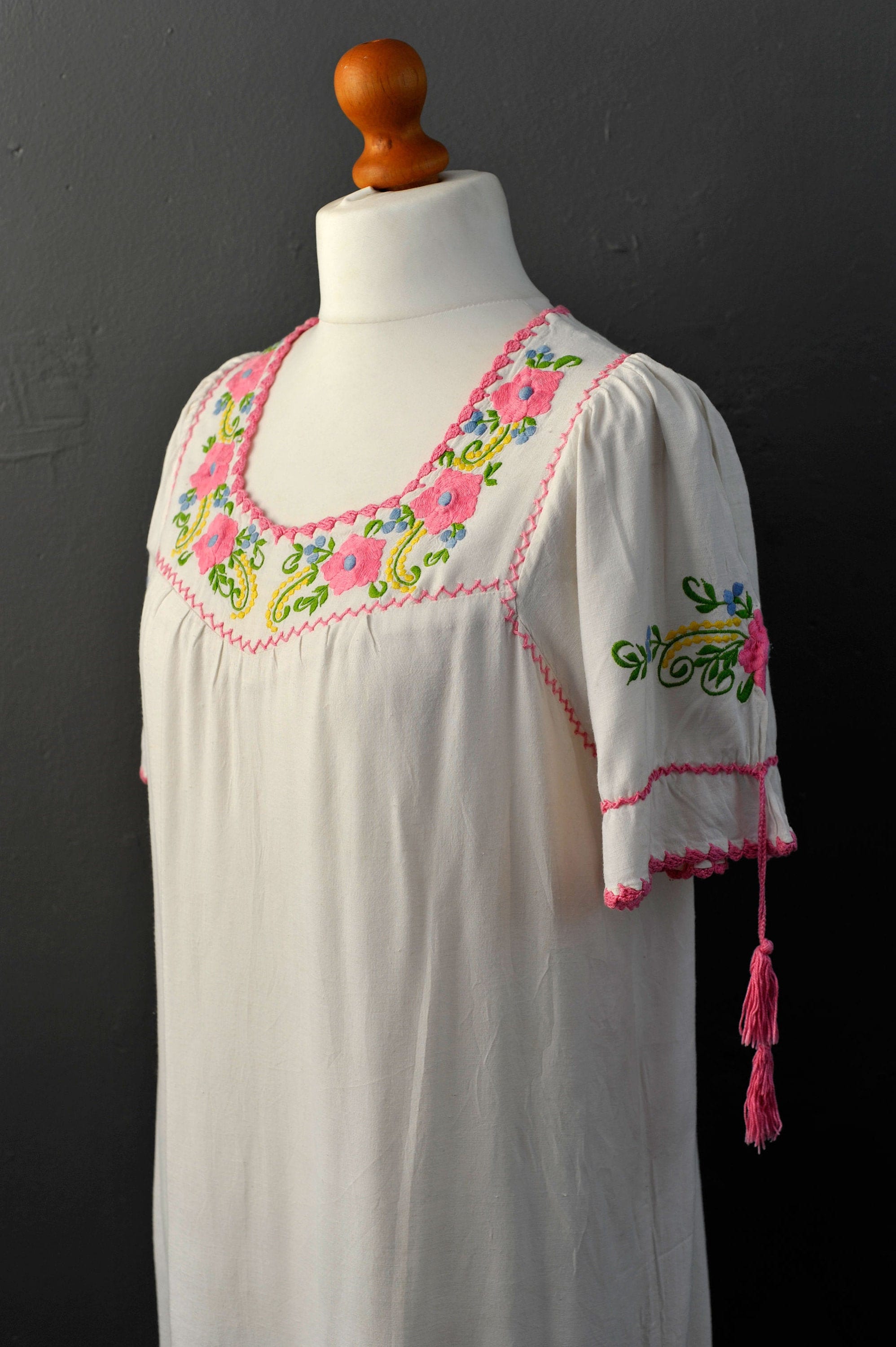 Image of S Long Embroidered Dress, Rustic Folk Peasant Nightie, Size Medium