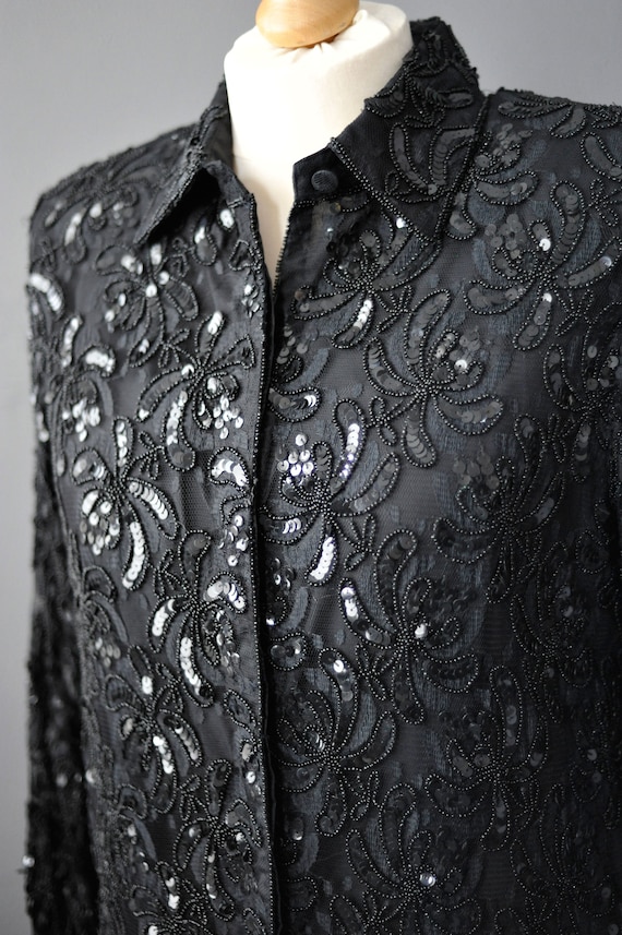 90s Frank Usher Beaded Sequin Lace Shirt, Size La… - image 7
