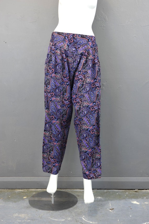 80s Purple Paisley Trousers, High Waist Summer Beachwear, Size Small Medium