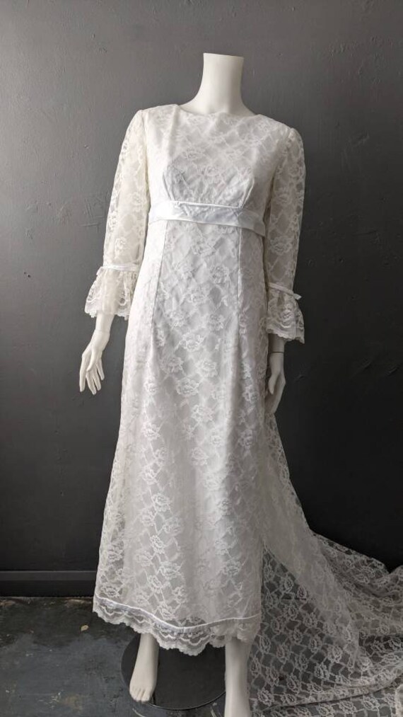 Vintage 60s Lace Wedding Dress With Long Train, Empire Waist
