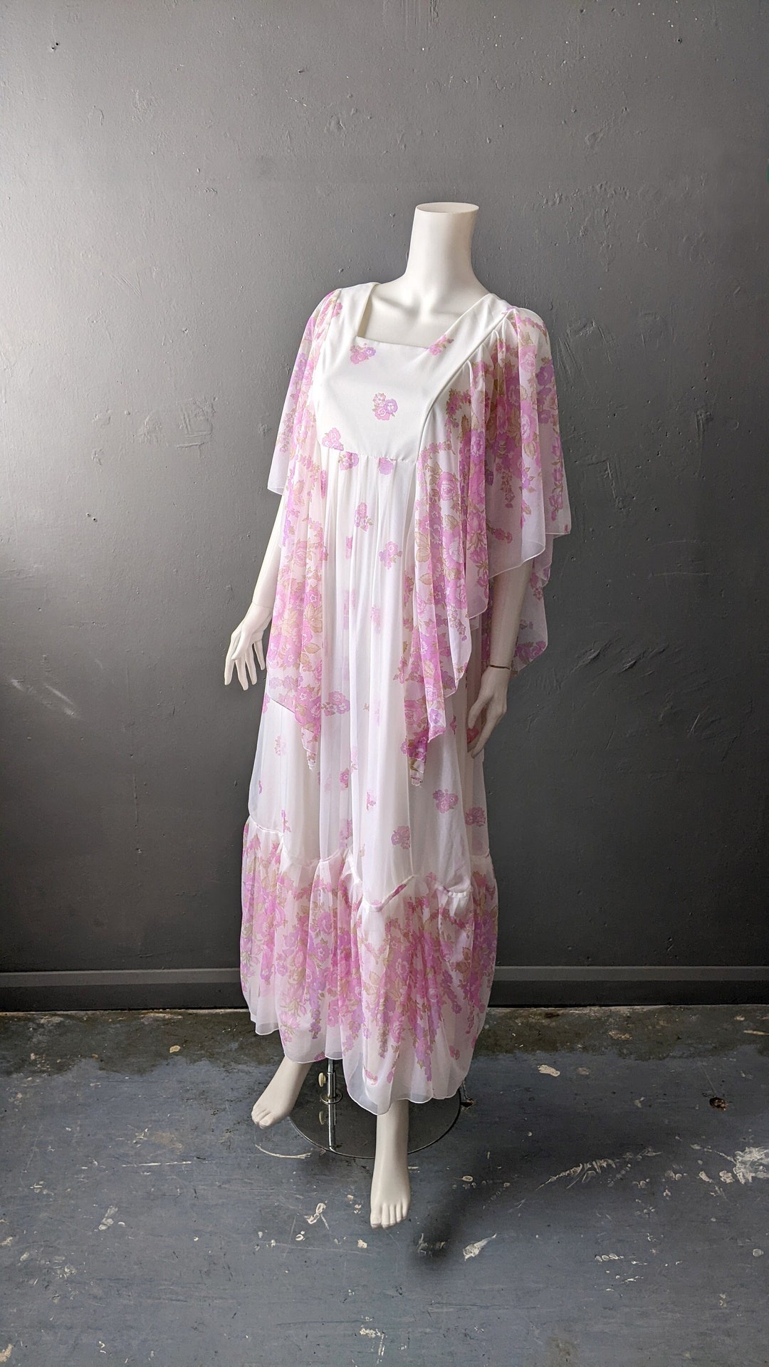 70s Boho Floaty Maxi Dress With Sheer Floral Angel Sleeves, Size Small ...