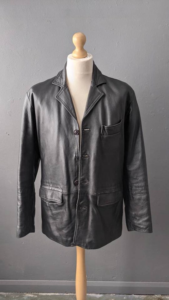 Mens black leather suit jacket hot sale