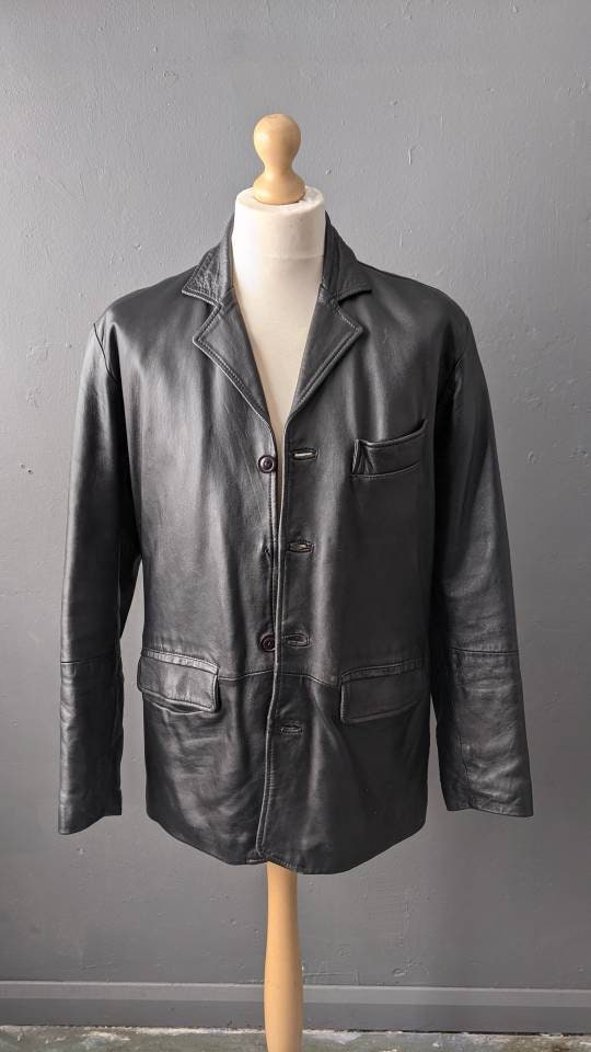 Black Leather Blazer Mens 90s Casual Suit Jacket Size Large - Etsy UK