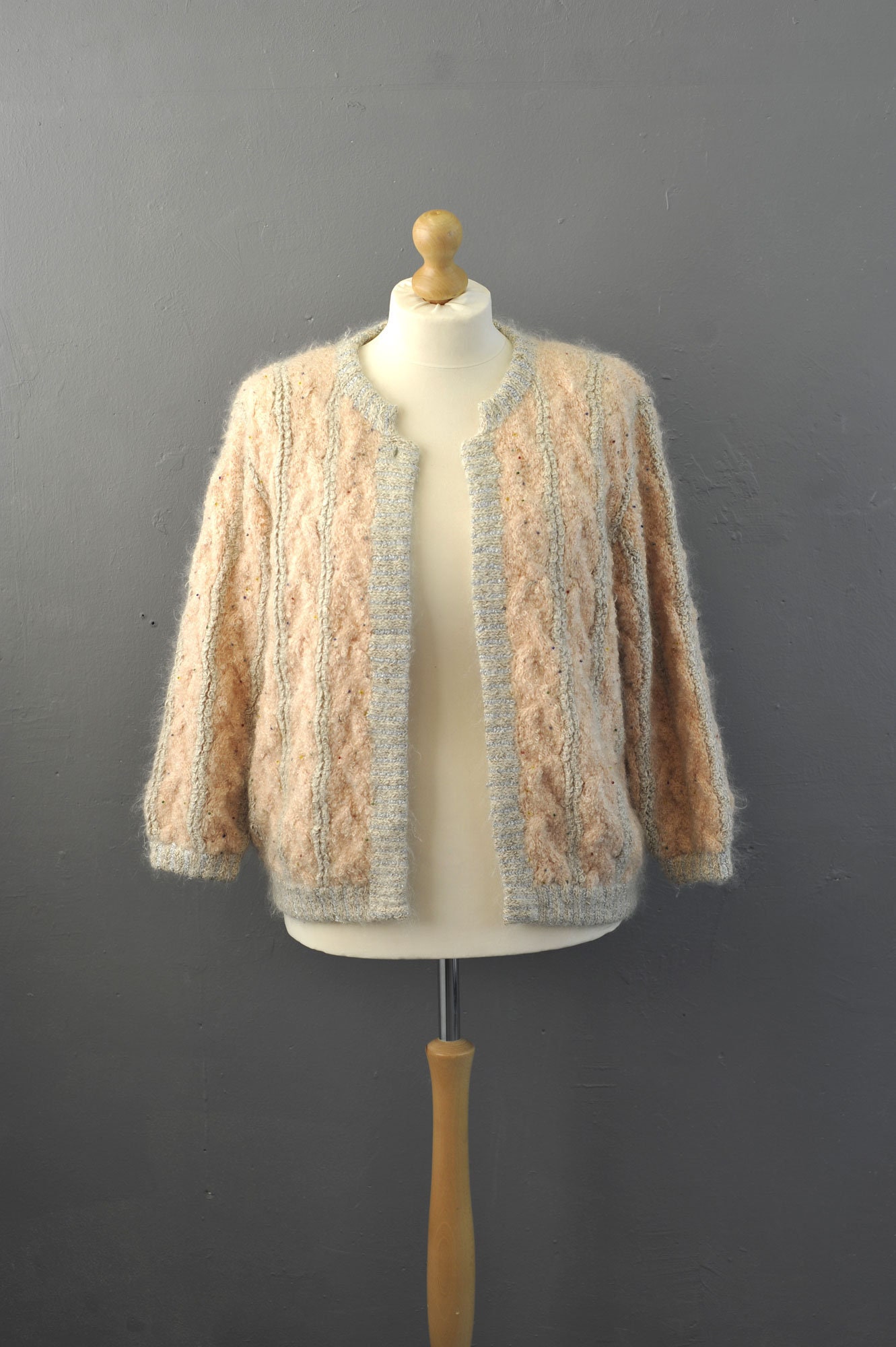 90s Fluffy Wool Cable Knit Cardigan Chunky Peach Pink Beaded | Etsy UK