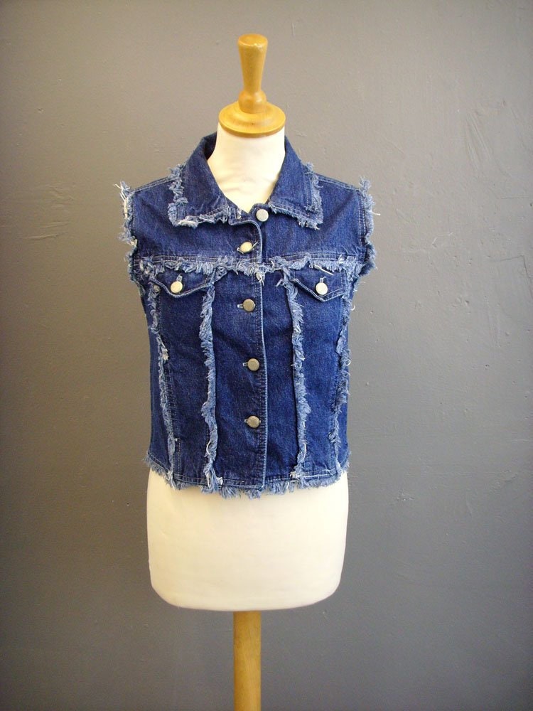 Image of Frayed Denim Vest, Vintage S Gilet, Sleeveless Jean Jacket, Size Small