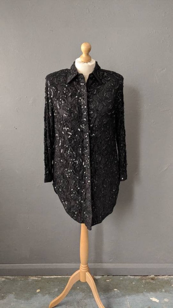 90s Frank Usher Beaded Sequin Lace Shirt, Size La… - image 1
