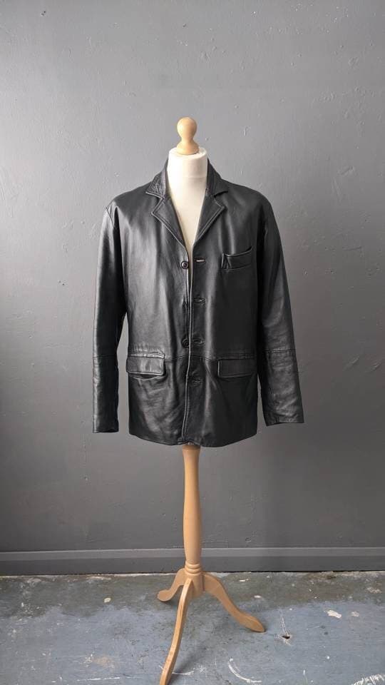 Black Leather Blazer Mens 90s Casual Suit Jacket Size Large - Etsy UK