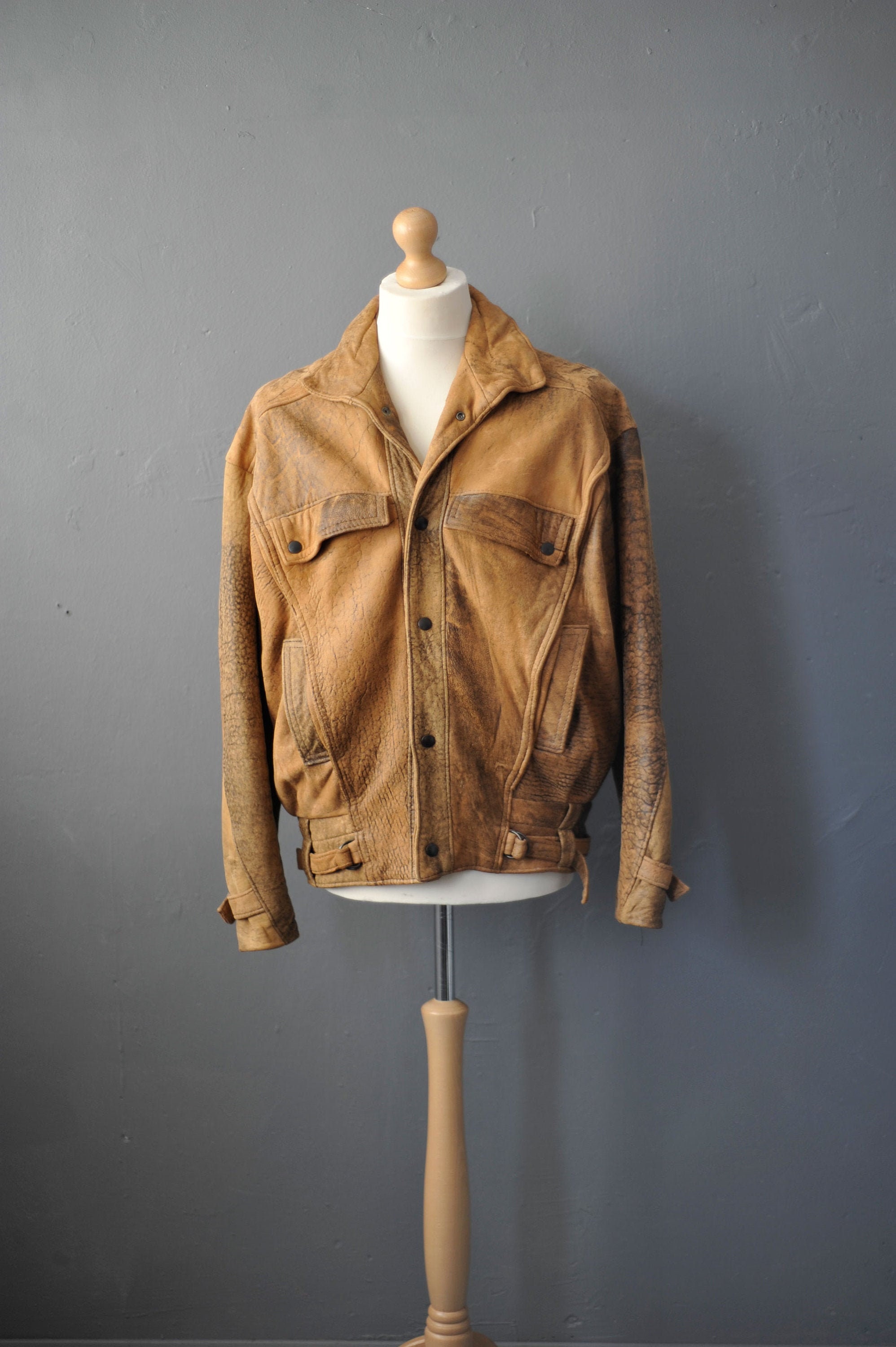 Image of 80S Tan Leather Coat, Eighties Dystopia Aviator Jacket, Size Medium