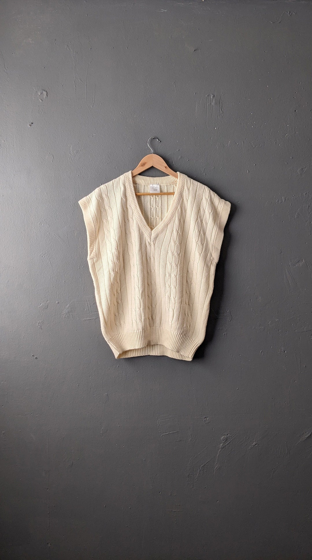 Mens 80s Cream Tank Top Cable Knit Vest 46 Chest Etsy