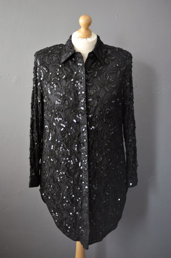 90s Frank Usher Beaded Sequin Lace Shirt, Size La… - image 2