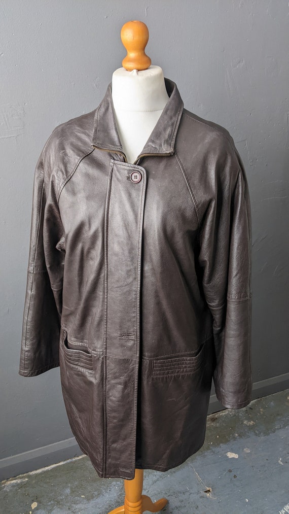 90s Oversized Leather Parka, Dark Brown Hip Long … - image 2