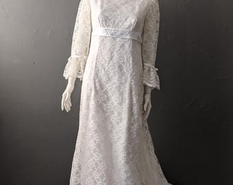 Vintage 60s Lace Wedding Dress with Long Train, Empire Waist, Size Small