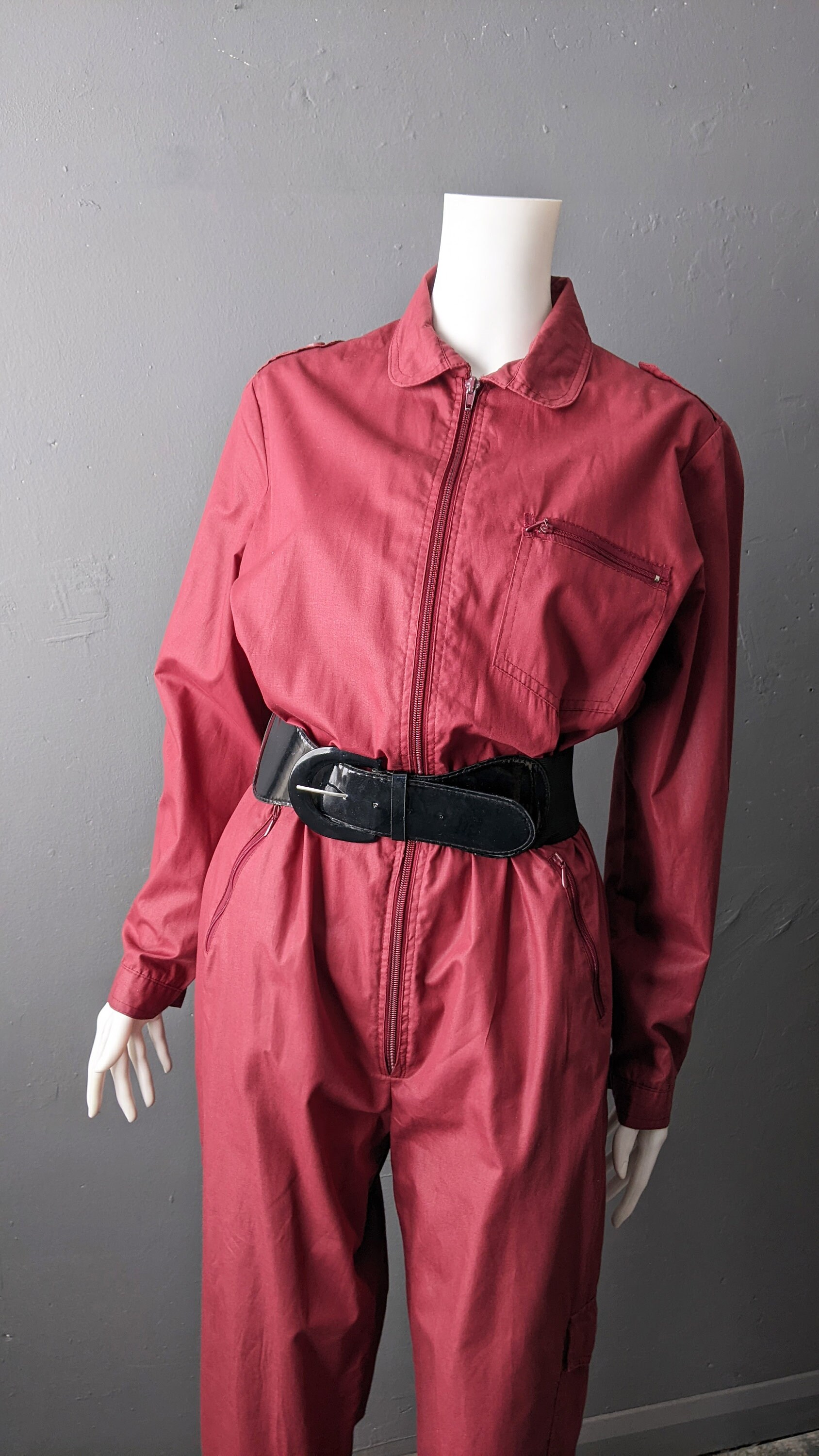 80s Utilitarian Jumpsuit Burgundy Red Coveralls Poly Cotton Etsy