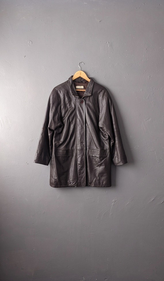 90s Oversized Leather Parka, Dark Brown Hip Long C
