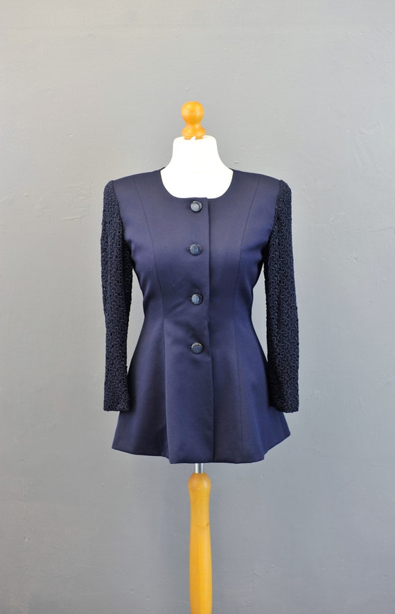90s Tailored Navy Wool Jacket with Guipure Lace Sl