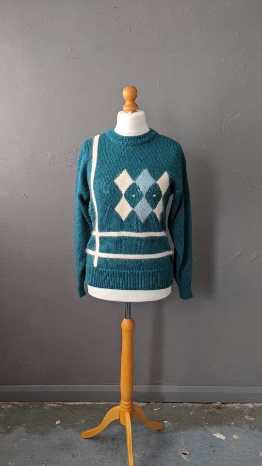 Image of Argyle Angora Sweater, S Sea Green Jumper, Preppy Mohair Pullover, Size Medium Large