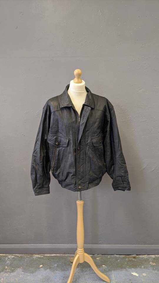 Image of Mens Leather Aviator Jacket, Oversized Slouchy Fit, Size Large