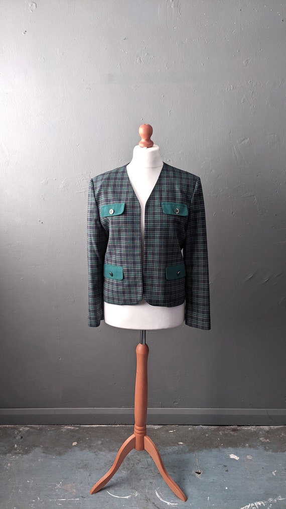 80s Blue Green Check Jacket, Collarless Dress Blaz