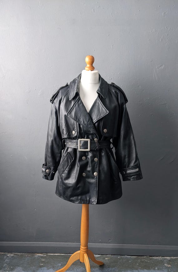 80s Leather Trench Coat, Renegade by Vaughan Richards Jacket, Size