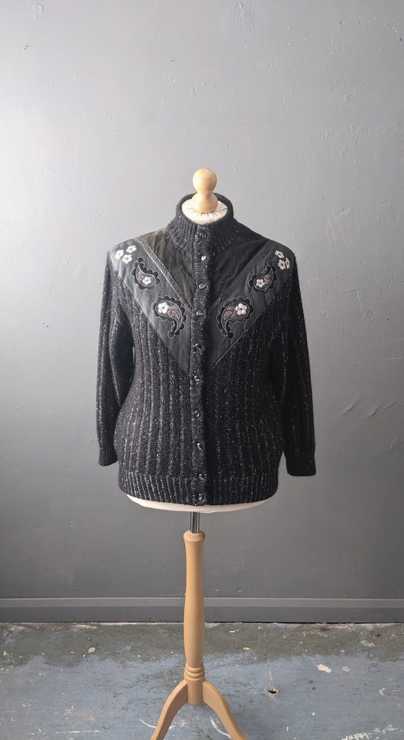 80s Embroidered Mohair Cardigan with Leather, Sue… - image 1