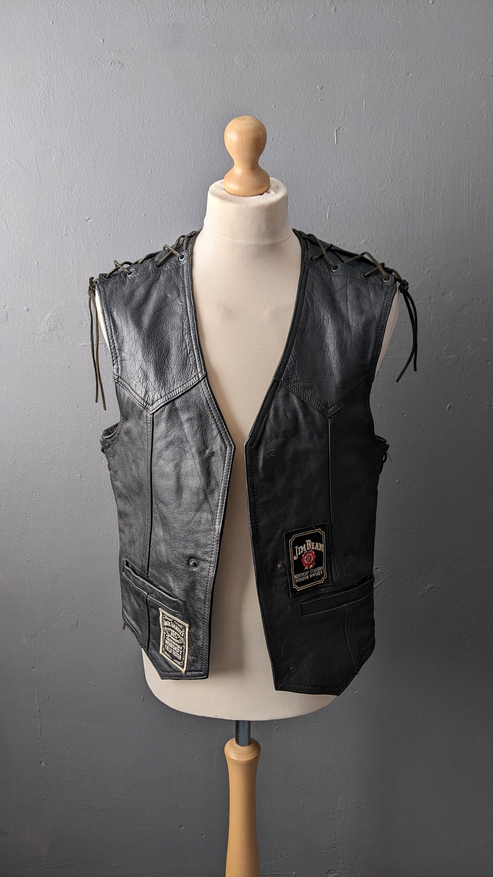 80s Mens Biker Leather Waistcoat, John F Gee Motorcycle 80s Mens Biker Leather Waistcoat, John F Gee Motorcycle