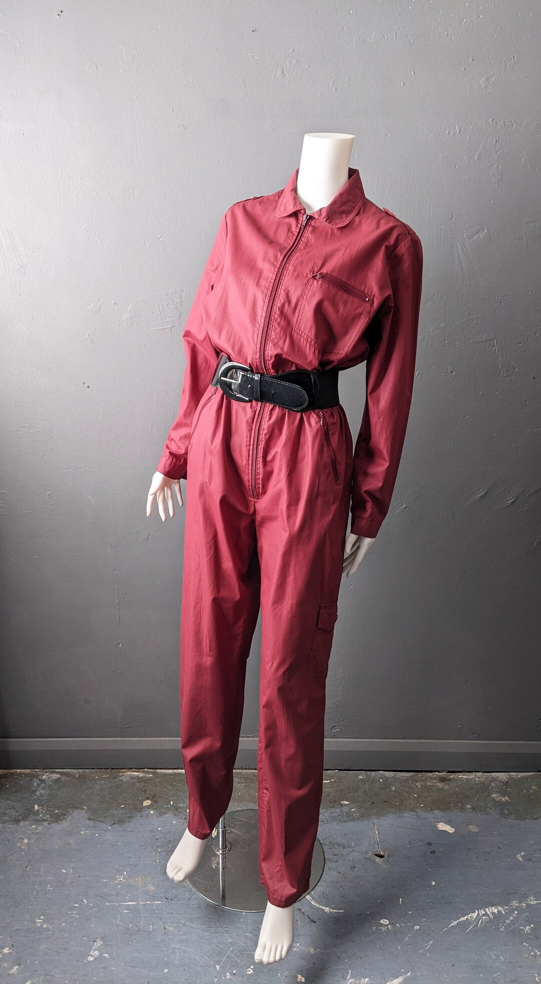 80s Utilitarian Jumpsuit Burgundy Red Coveralls Poly Cotton Etsy