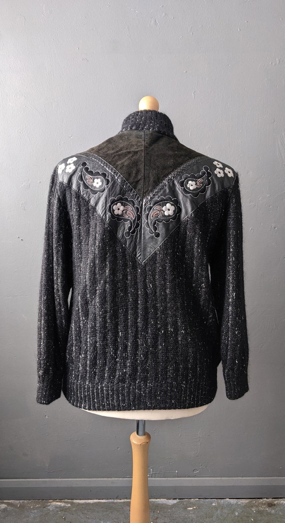 80s Embroidered Mohair Cardigan with Leather, Sue… - image 4