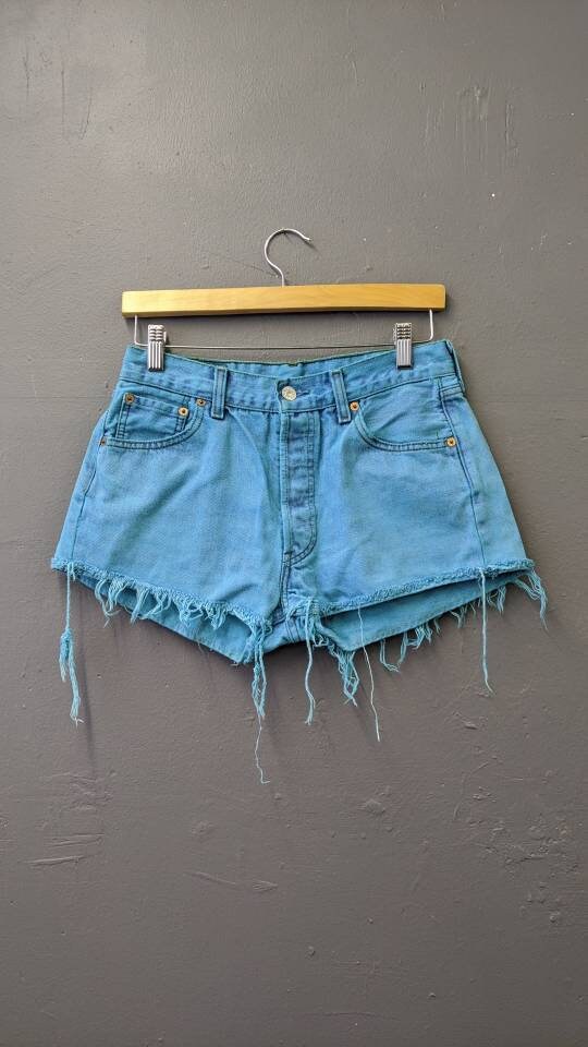 Image of Aqua Blue Denim Shorts, Upcycled Cut Off Jeans,  Waist