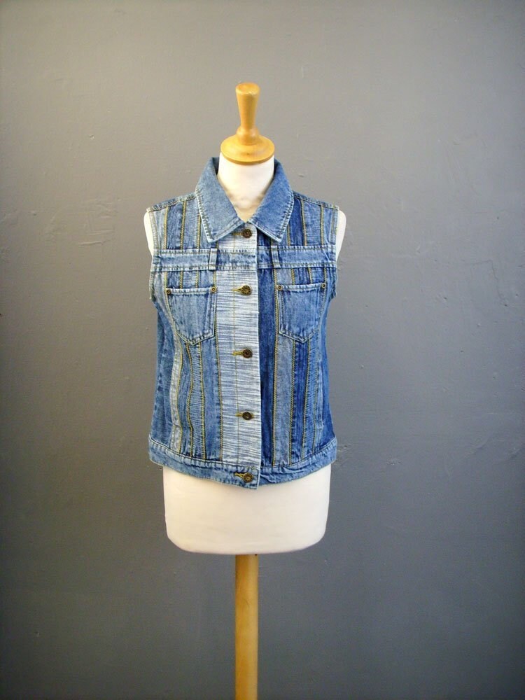 Image of Patchwork Denim Vest, Vintage S Gilet, Sleeveless Jean Jacket, Size Small