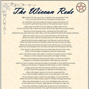 May include: A printed page with the poem "The Wiccan Rede", framed by decorative borders and a pentagram. The text is in a traditional font, with a vintage design.