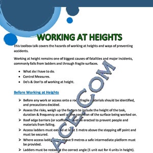 Toolbox Talk on Working at heights, height safety,  Site safety, young persons, construction, Security