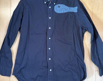 Camisa negra Haggar para hombre, estilo grunge de los 90, con apliques de peces reciclados, talla L