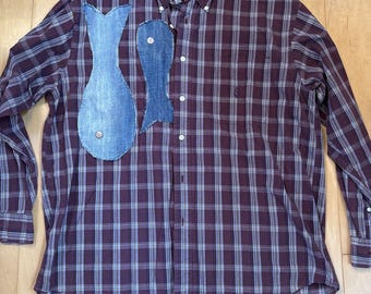 Camisa de algodón a cuadros granate Nautica GRUNGE de los años 90 para hombre, talla L, ballena/pez reciclado