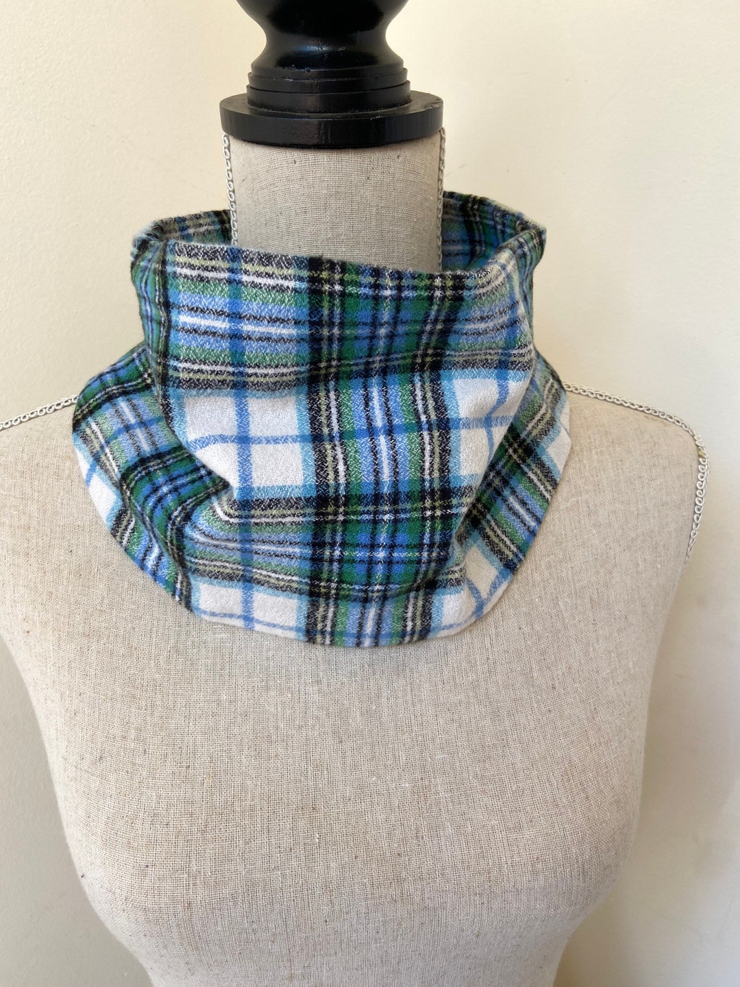 Blue White and Green Organic Cotton Snap on Scarf Neck Warmer Gaiter