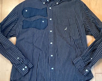 Camisa de algodón a cuadros beige y negro Nautica GRUNGE de los años 90 para hombre, talla L, con ballena/pez reciclados