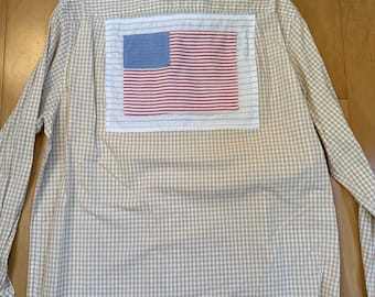 CAMISA BANDERA Negro marrón Aplique de bandera reciclada Cuadros vichy beige Talla L Ralph Lauren