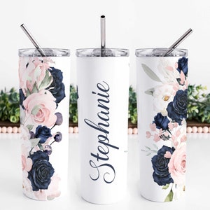 Name Floral Tumbler | Dusty Pink and Navy Floral Tumbler | Name Cup Personalized | Custom Name Tumbler