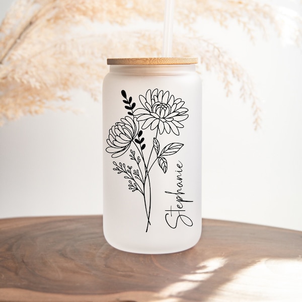 Personalized Birth Flower Glass Tumbler | Glass Coffee Cup with Name | Gifts for Bridesmaid Proposal | Gifts for Her | Bridal Party Favor