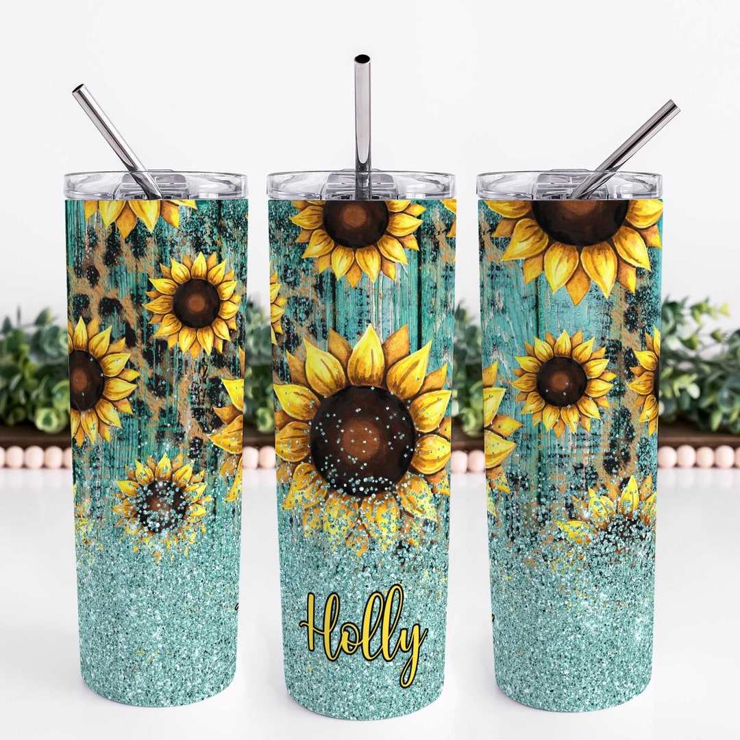 Personalized Teal Sunflower Tumbler Sunflower Tumbler Cup Teal
