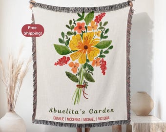 PERSONALIZED Abuelita Woven Blanket, Custom Floral Family Name Throw, Abuelita Blanket Grandkids Names, Birthday Gift for Abuelita Throw