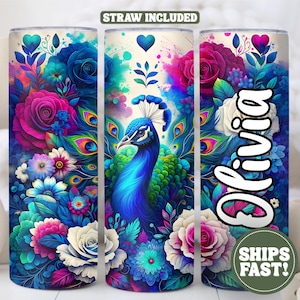 Personalized Peacock Tumbler with Name | Custom Peacock Feather Tumbler | 20oz Skinny Peacock Design Tumbler | Gift for Bird Lover | For Her