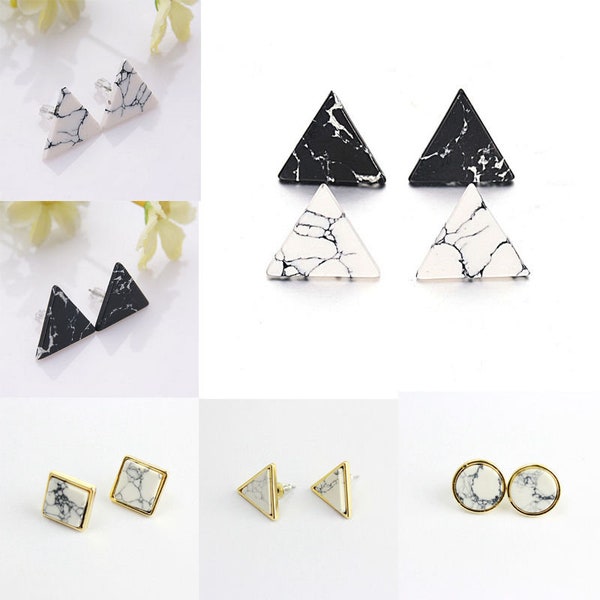 Magik Faux White Black Punk Simple Marble Stone Geometric Shaped Stud Earrings