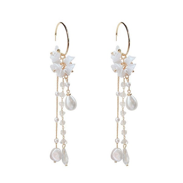 US 1~2 Pairs Floral Pearl Crystal Tassel Lily of the Valley Dangle Drop Earring