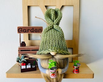 Knit Garden Gnome Shelf Sitter, Handmade Spring Tomte with Seed Trays, Bearded Scandinavian Nisse , Gardening Lover Gift, Tiered Tray Decor