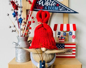 4th of july shelf gnome, red white and blue tiered tray, farmhouse summer home, country style, handmade shelf decor, soft gnome, gnome gift