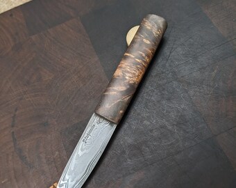 Ultra thin hand forged Damascus paring knife with stabilized buckeye burl handle by Matthew Parkinson JS