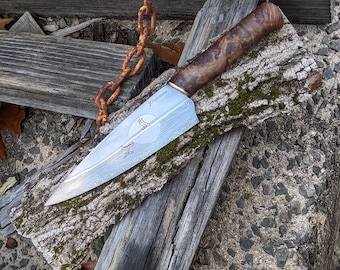 Pictorial mosaic 7" chef knife with 24k  gold plated etched whaling scene stabilized maple burl handle hand made by Matthew Parkinson JS