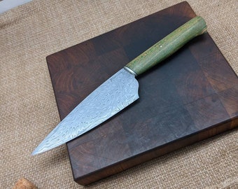 Mosaic Damascus chef knife with stabilized dyed sycamore handle 7" blade 12.5 overall