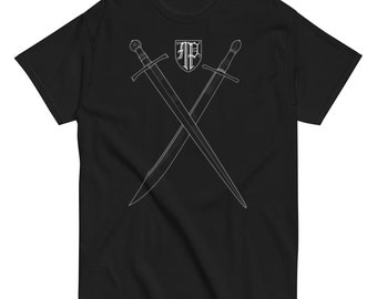 T-shirt with crossed swords and Matthew Parkinson&#39;s touchmark Dragons breath forge image on reverse