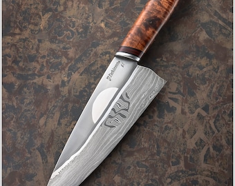 Cuchillo de chef con mosaico pictórico de 7 pulg., mango de koa estabilizado, hecho a mano por Matthew Parkinson JS